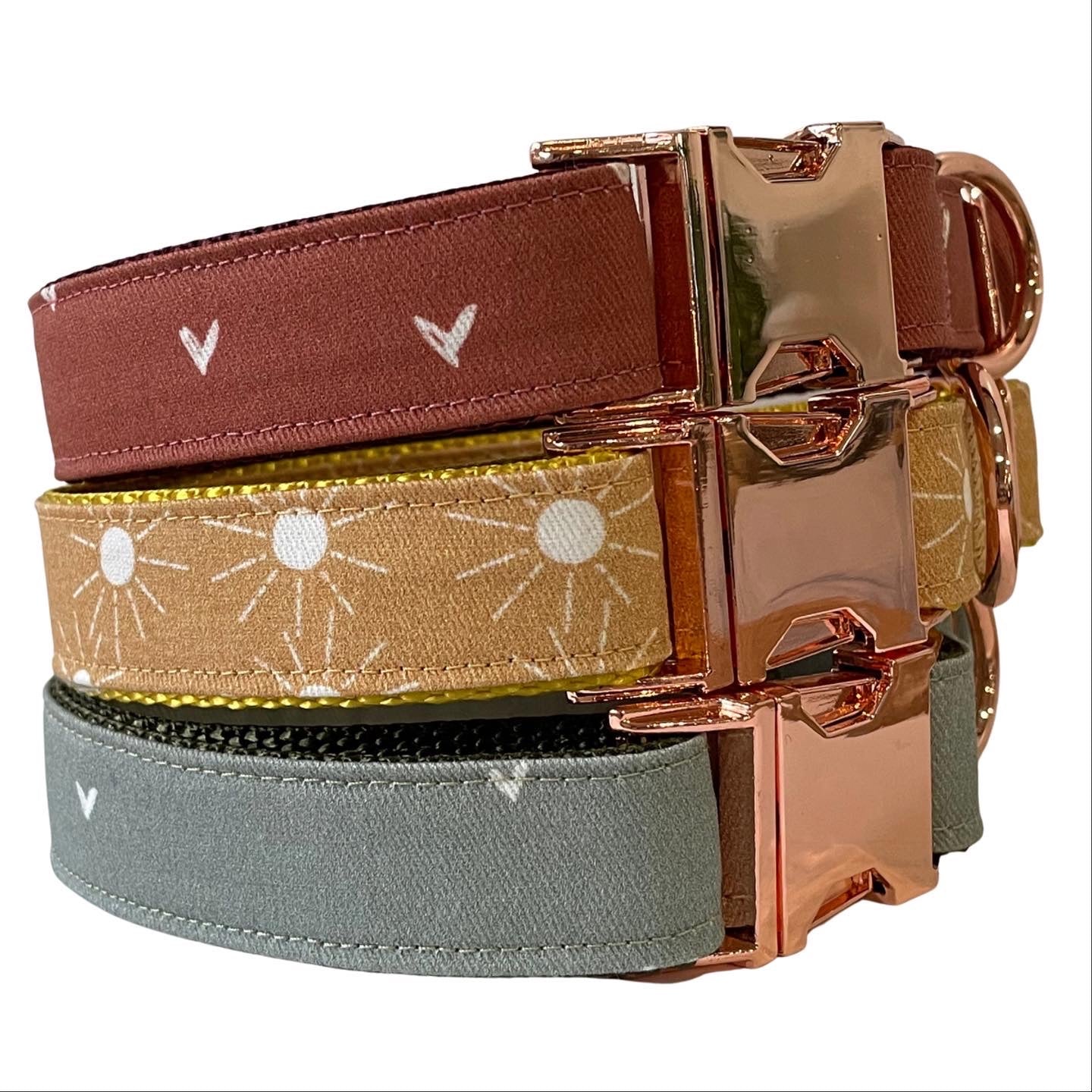 Rose Gold Dog Collar - Mustard Yellow Suns - Sew Fetch Dog Company